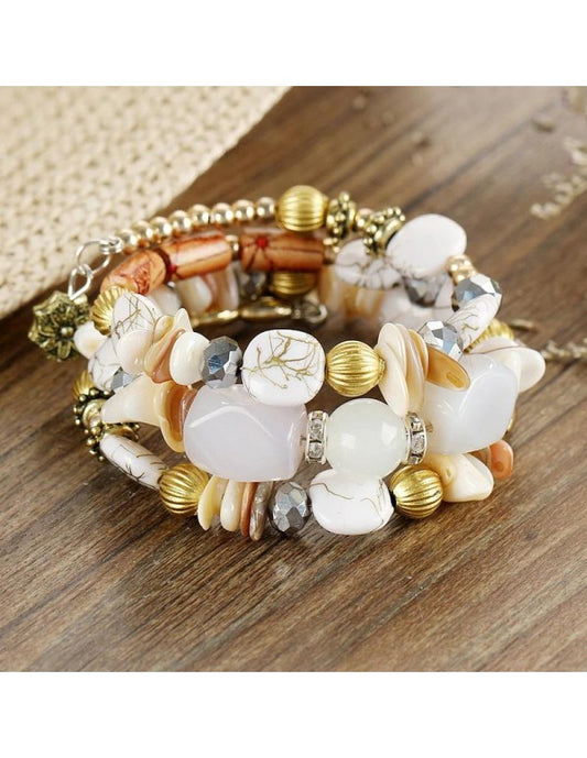 White & Gold-Toned Copper-Plated Stone-Studded Multi-Strand Bracelet