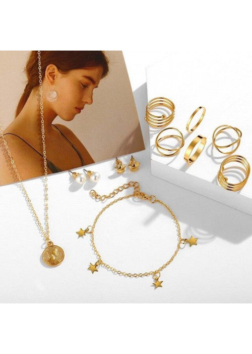 Pearl Gold Plated Earrings with Necklace and Beautiful Rings with Bracelet for Women/Girls