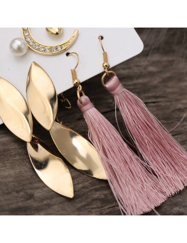 AD & Pearl Gold Plated Thread 4 Pair of Earrings with Necklace for Women/Girls