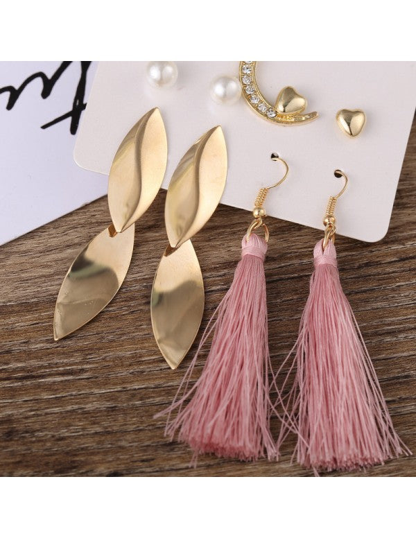 AD & Pearl Gold Plated Thread 4 Pair of Earrings with Necklace for Women/Girls