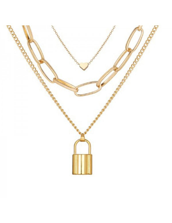 Trendy Layered Necklace Set with Lock Inspired Design Featuring Gold Plating