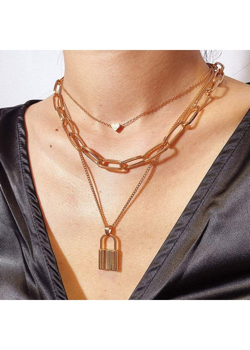 Trendy Layered Necklace Set with Lock Inspired Design Featuring Gold Plating