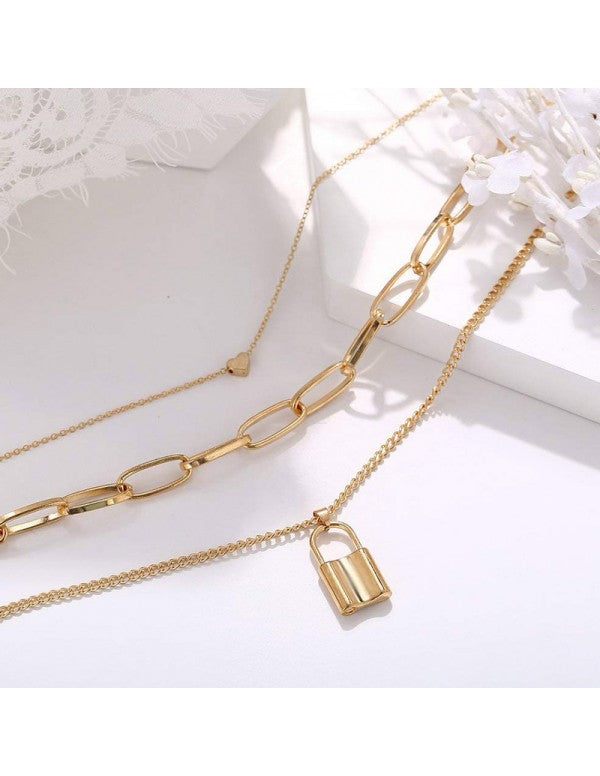 Trendy Layered Necklace Set with Lock Inspired Design Featuring Gold Plating