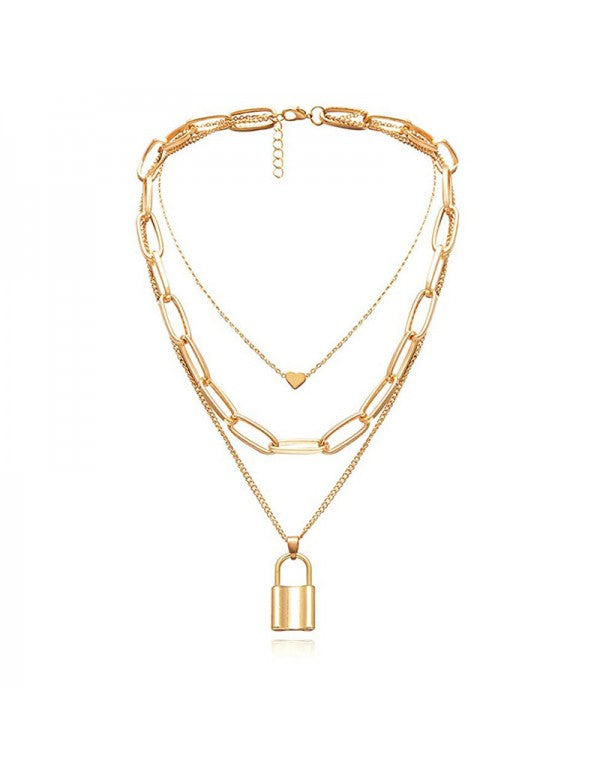 Trendy Layered Necklace Set with Lock Inspired Design Featuring Gold Plating