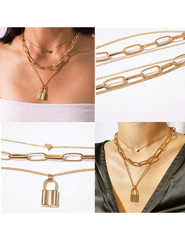 Trendy Layered Necklace Set with Lock Inspired Design Featuring Gold Plating
