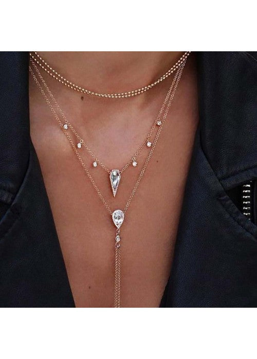 Crystal Gold Plated Multi Layers Long Chain Necklace For Women/Girls
