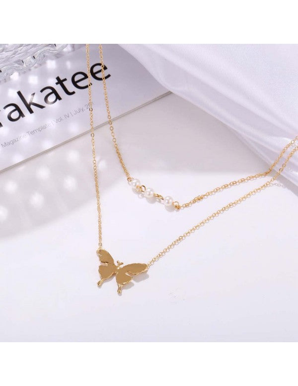 Tantalizing Pearl Butterfly Gold Plated Multi Layer Necklace For Women/Girls