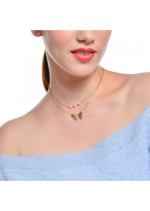 Tantalizing Pearl Butterfly Gold Plated Multi Layer Necklace For Women/Girls