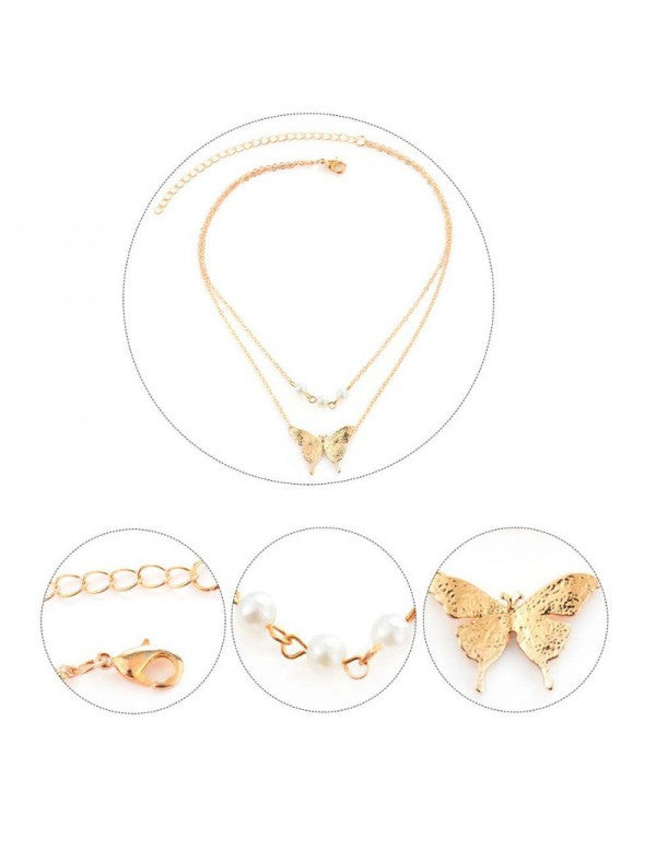 Tantalizing Pearl Butterfly Gold Plated Multi Layer Necklace For Women/Girls