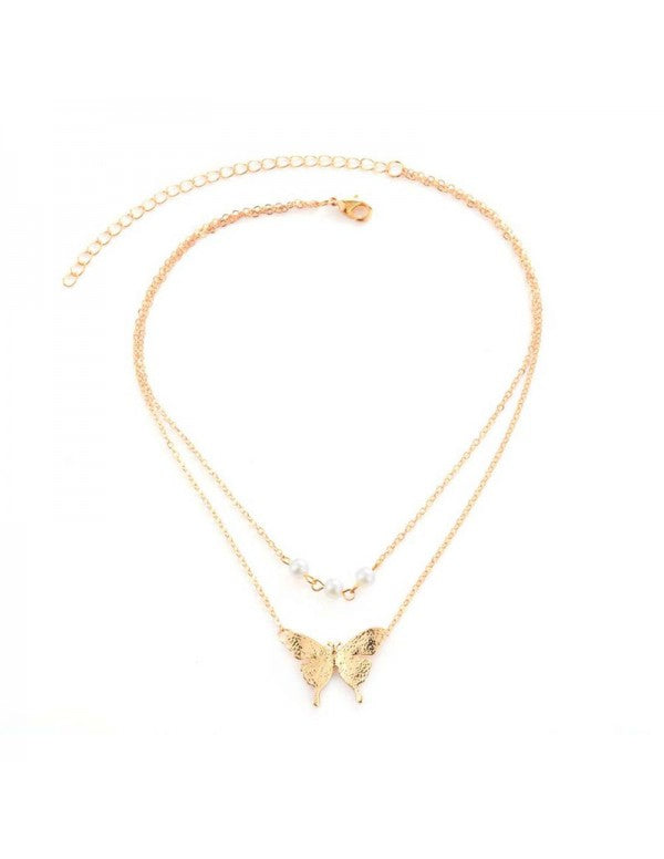 Tantalizing Pearl Butterfly Gold Plated Multi Layer Necklace For Women/Girls