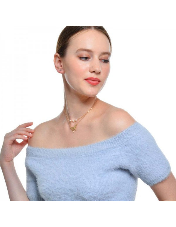Tantalizing Pearl Butterfly Gold Plated Multi Layer Necklace For Women/Girls