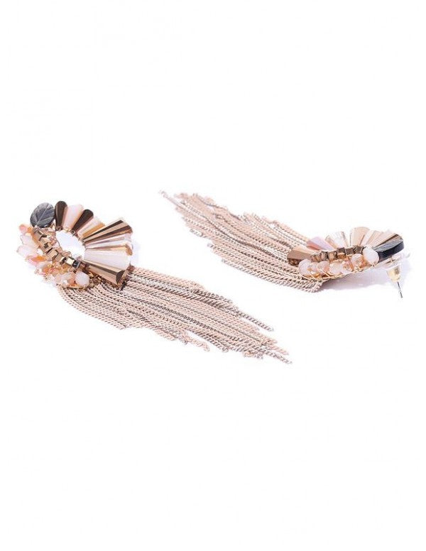 Beige Rose Gold-Plated Handcrafted Tasseled Contemporary Drop Earrings
