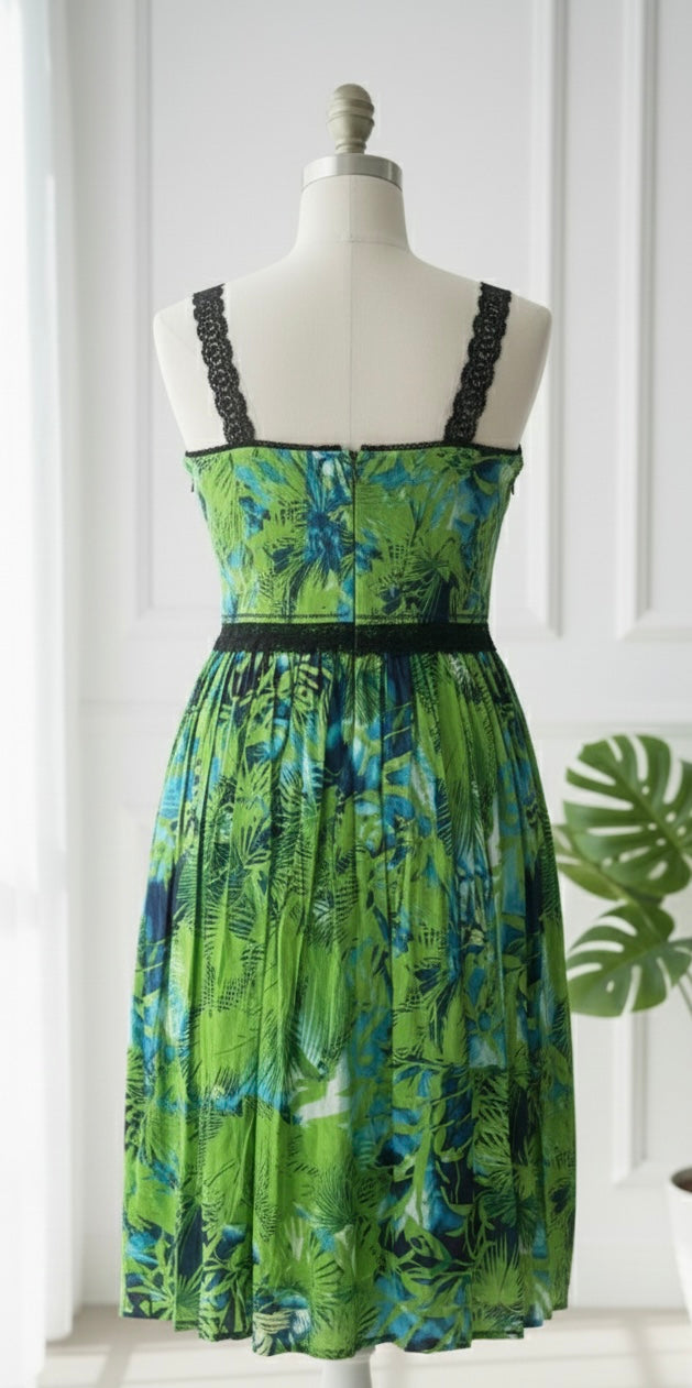 Green and blue tropical print dress