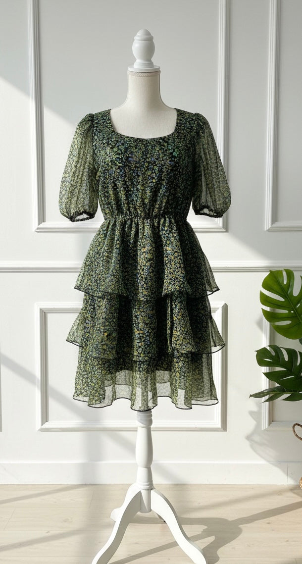 Green Floral Tiered Mini Dress