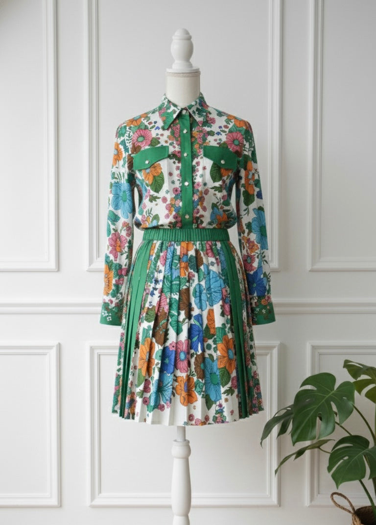 Green & White Floral Shirt Dress