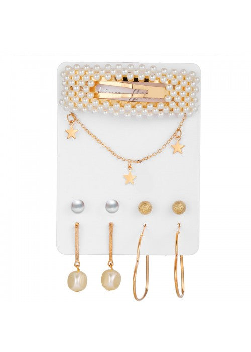Trending Set of 4 Stud & Hoop Earrings With a Pearl Clature & Star Necklace
