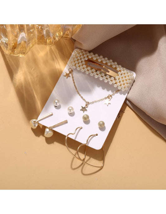 Trending Set of 4 Stud & Hoop Earrings With a Pearl Clature & Star Necklace