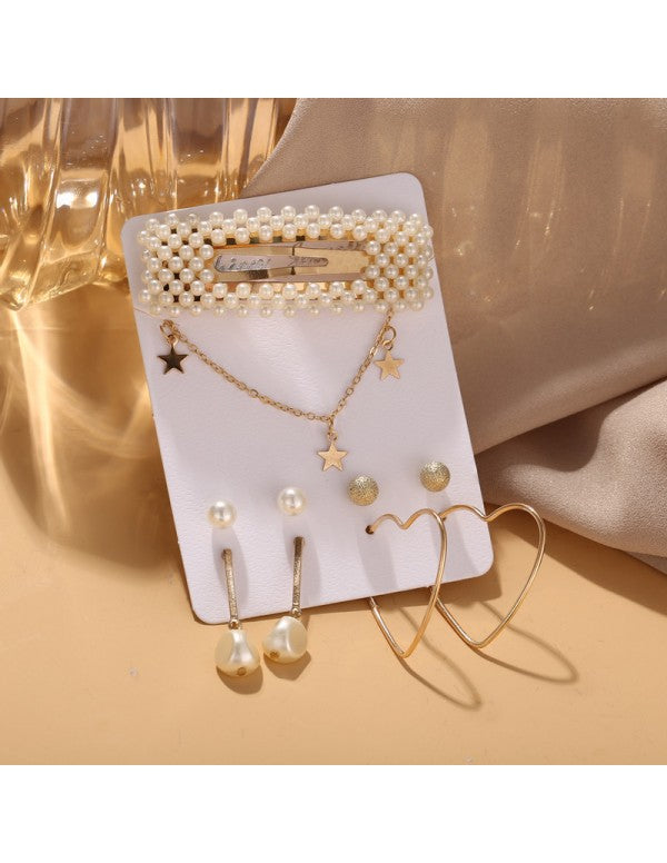 Trending Set of 4 Stud & Hoop Earrings With a Pearl Clature & Star Necklace