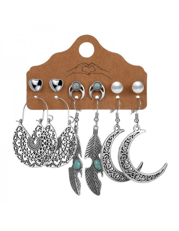 Pearl Feather Oxidized German Silver Plated 6 Pair of Earrings For Women/Girls