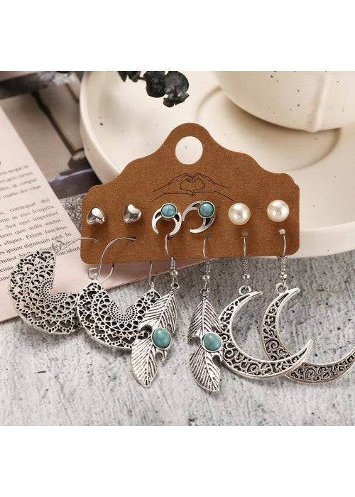 Pearl Feather Oxidized German Silver Plated 6 Pair of Earrings For Women/Girls