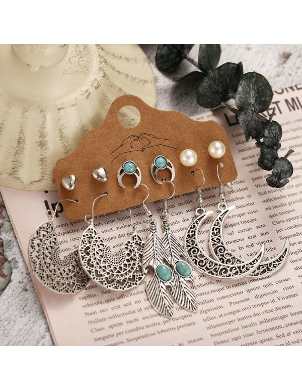 Pearl Feather Oxidized German Silver Plated 6 Pair of Earrings For Women/Girls