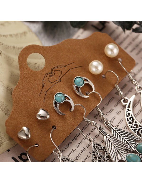 Pearl Feather Oxidized German Silver Plated 6 Pair of Earrings For Women/Girls