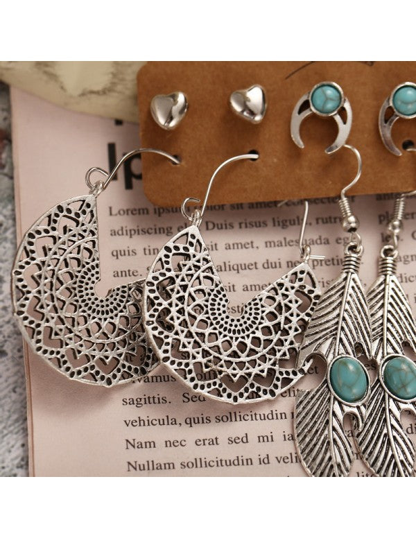 Pearl Feather Oxidized German Silver Plated 6 Pair of Earrings For Women/Girls