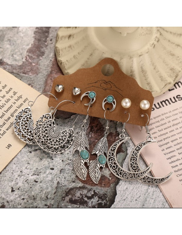 Pearl Feather Oxidized German Silver Plated 6 Pair of Earrings For Women/Girls