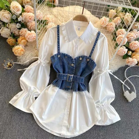 Corseted Chic Tarly Shirt with Denim Bustier