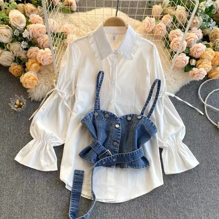 Corseted Chic Tarly Shirt with Denim Bustier
