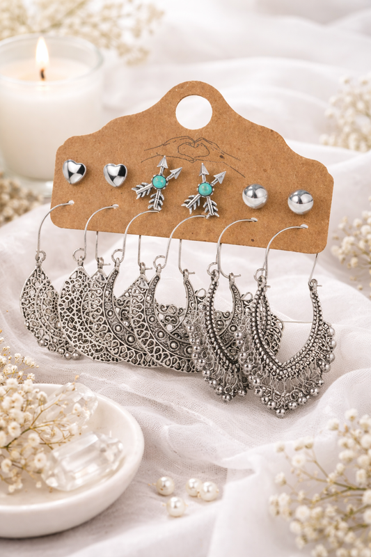 Trendy Oxidized German Silver Plated 6 Pair of Earrings For Women/Girls
