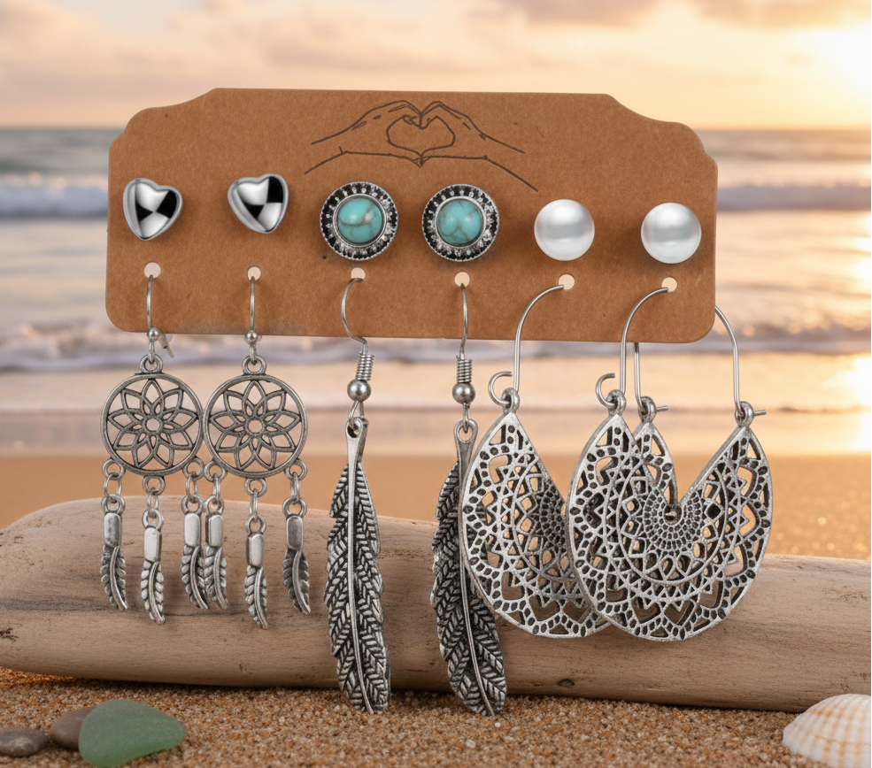 Contemporary Oxidised German Silver Plated 6 Pair of Earrings For Women or Girls