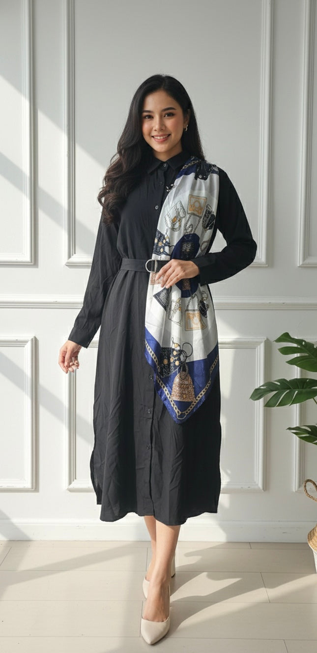 Black Scarf-Detail Shirt Maxi Dress