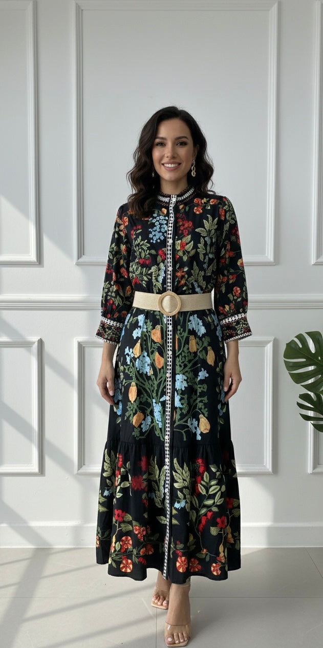Black Botanical Embroidered Maxi Dress
