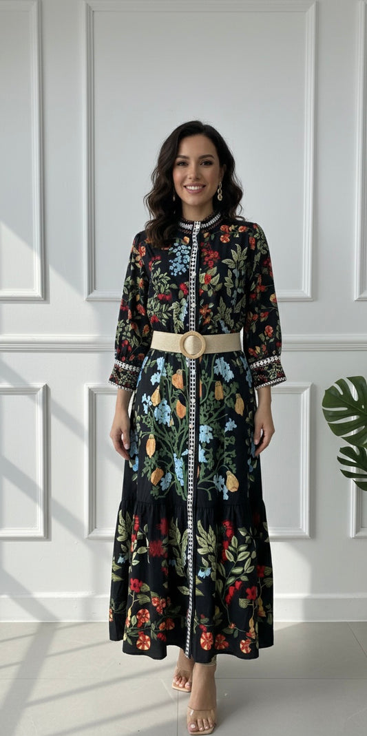 Black Botanical Embroidered Maxi Dress