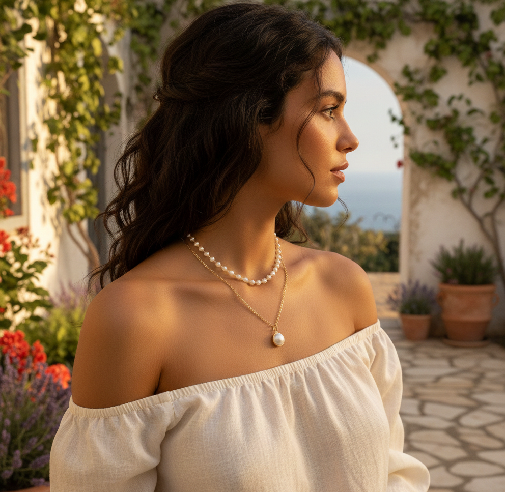 Pearl Gold Plated Double Layer Necklace Jewellery For Women