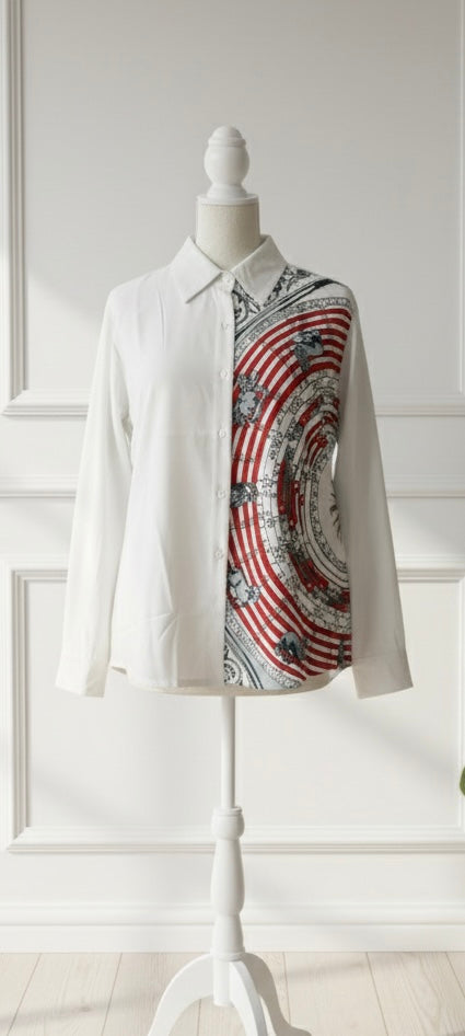 White and red celestial print shirt