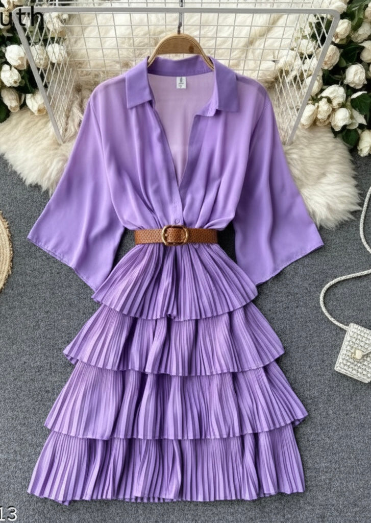 Oceanista Women's Crepe Solid Shirt Collar Flared Lavender/Peach