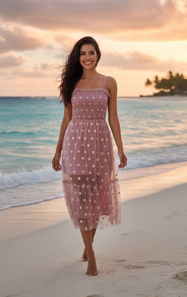 Pink Dotted Midi Dress