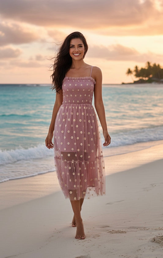 Pink Dotted Midi Dress