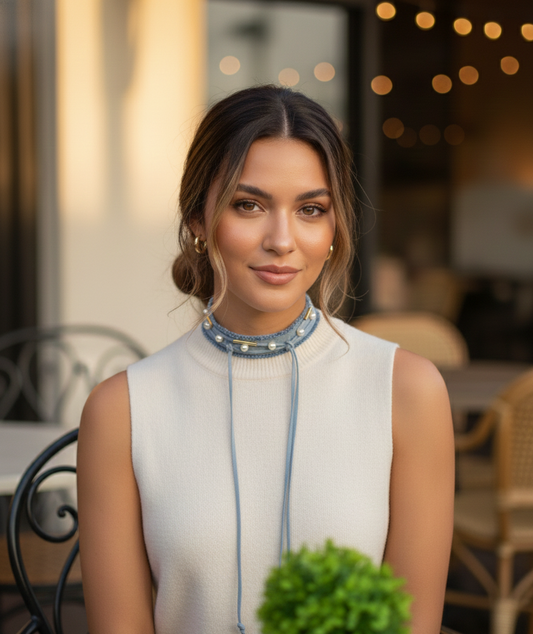 Blue Denim Pearl Neck Piece Lace Design