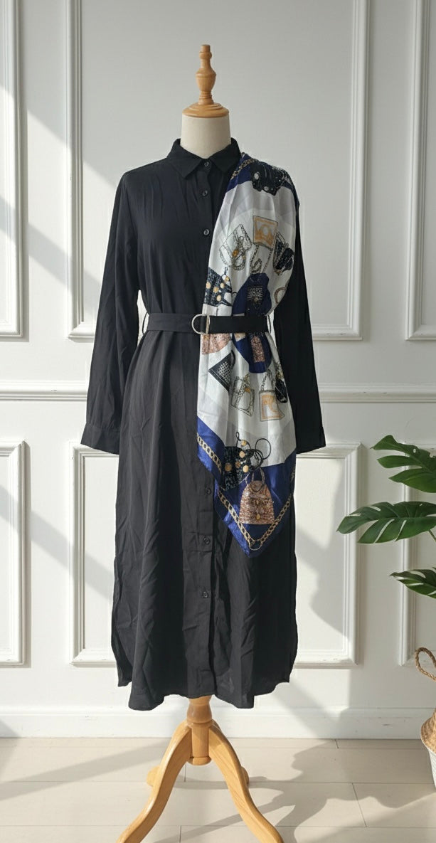 Black Scarf-Detail Shirt Maxi Dress