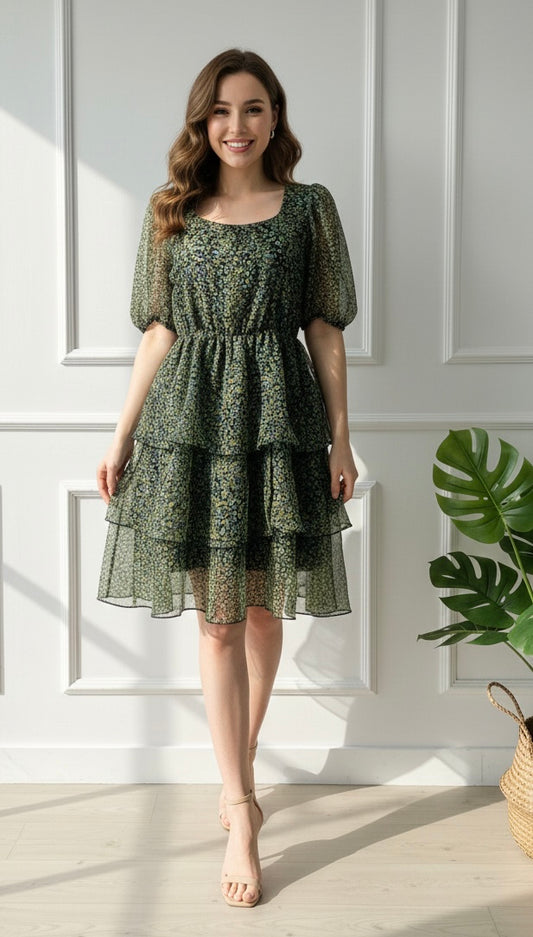 Green Floral Tiered Mini Dress