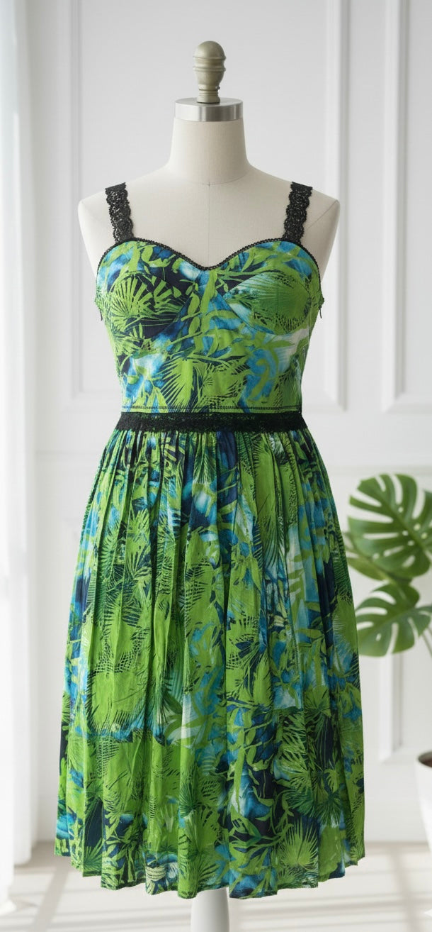 Green and blue tropical print dress