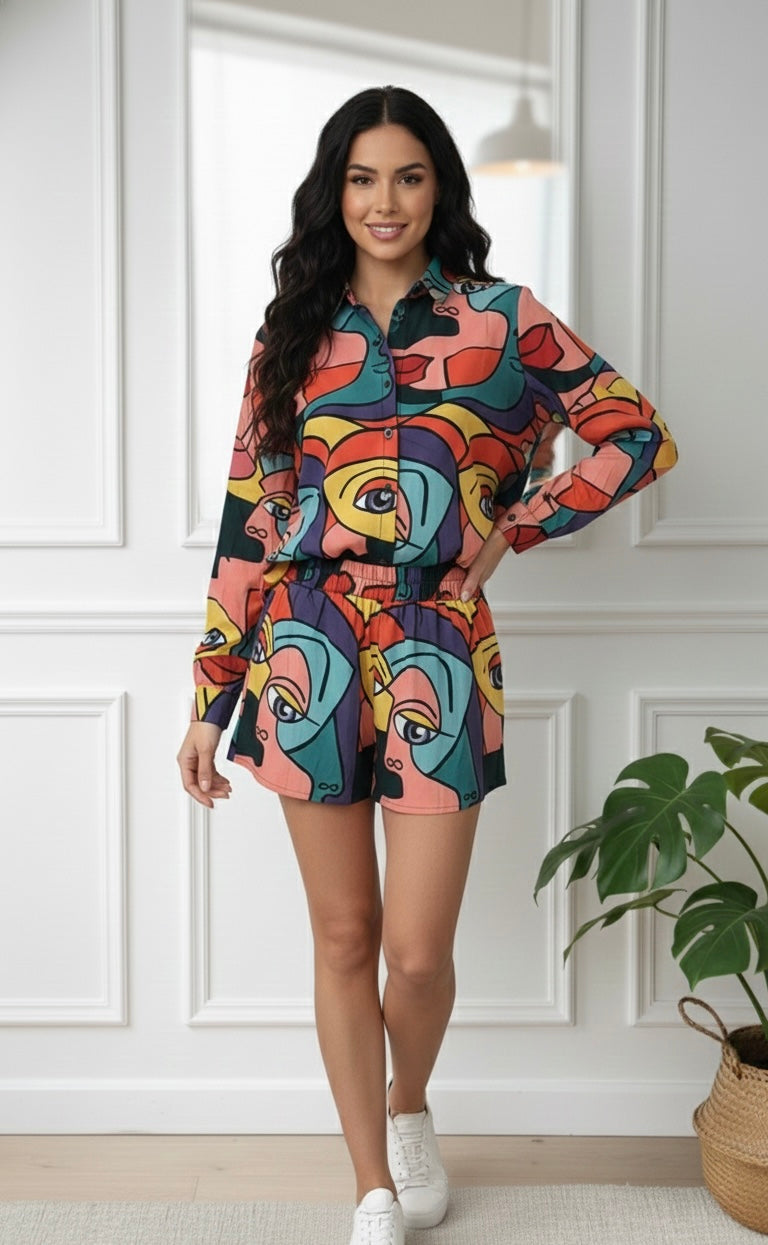 Abstract Face Print Shirt Dress