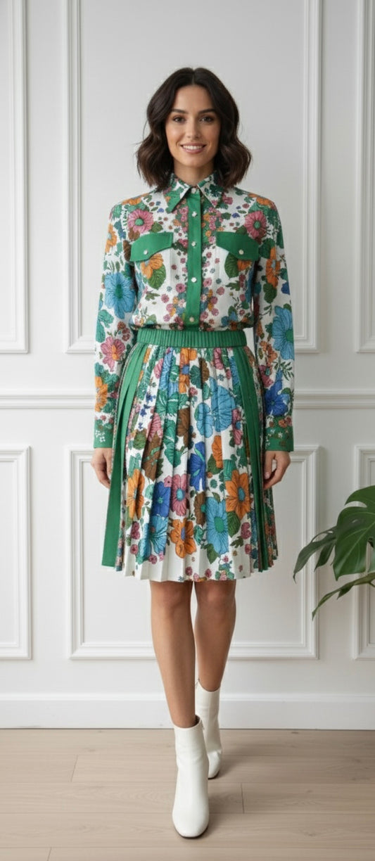 Green & White Floral Shirt Dress
