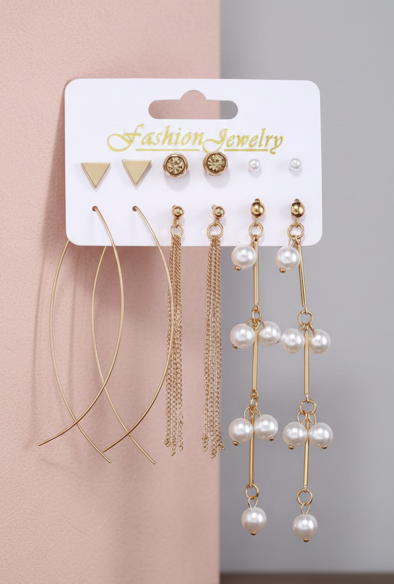 Exclusive Gold Plated Set of 6 Stud & Drop Earrings