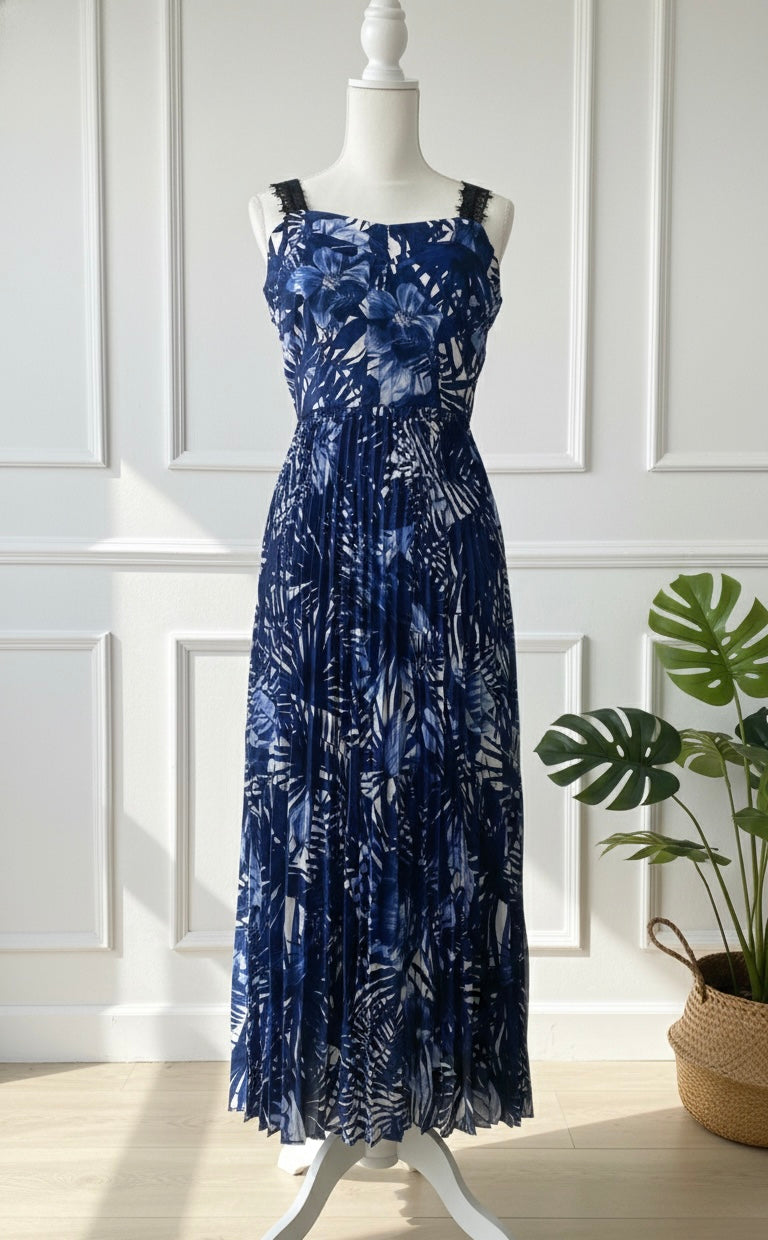 Navy Blue Tropical Print Pleated Maxi Dress