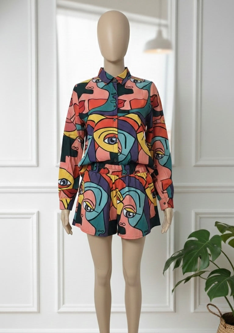Abstract Face Print Shirt Dress