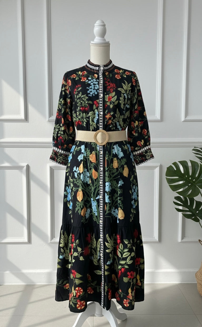 Black Botanical Embroidered Maxi Dress